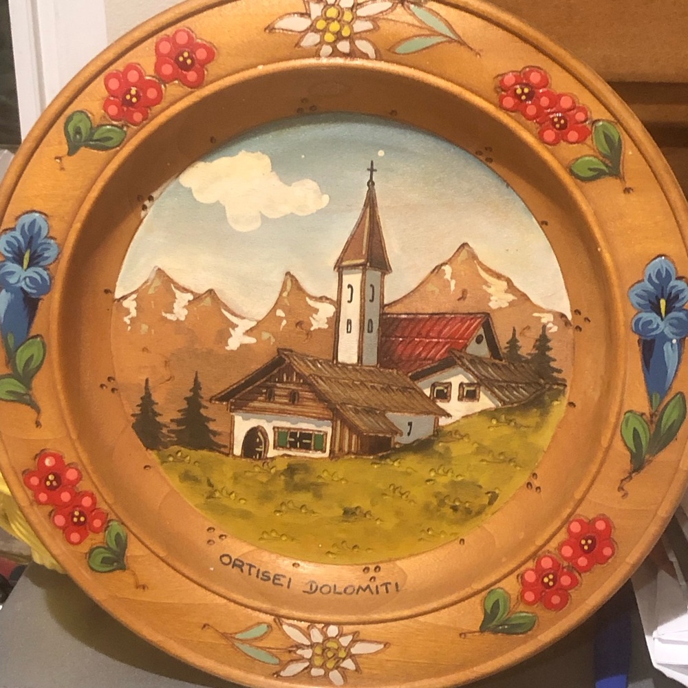 Hand-Painted Dolomiti Alpine Scenic Mixed Media Wall Plate - Yellow & Red
